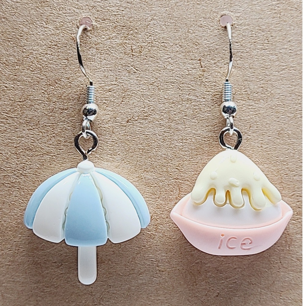 Handmade Mismatched Shaved Ice and Beach Umbrella Pastel Resin Drop Earrings 925